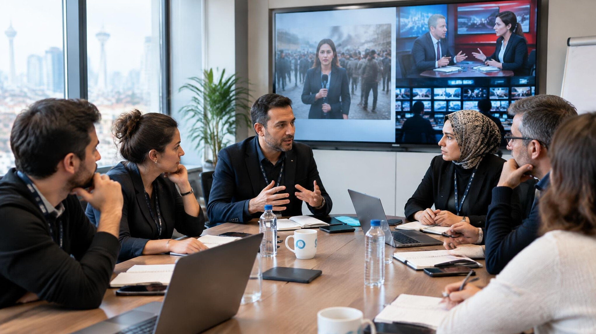 Group workshop around a table with presentation screen