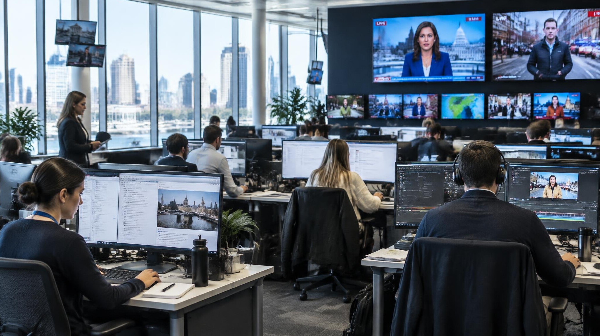 Wide view of a busy television newsroom