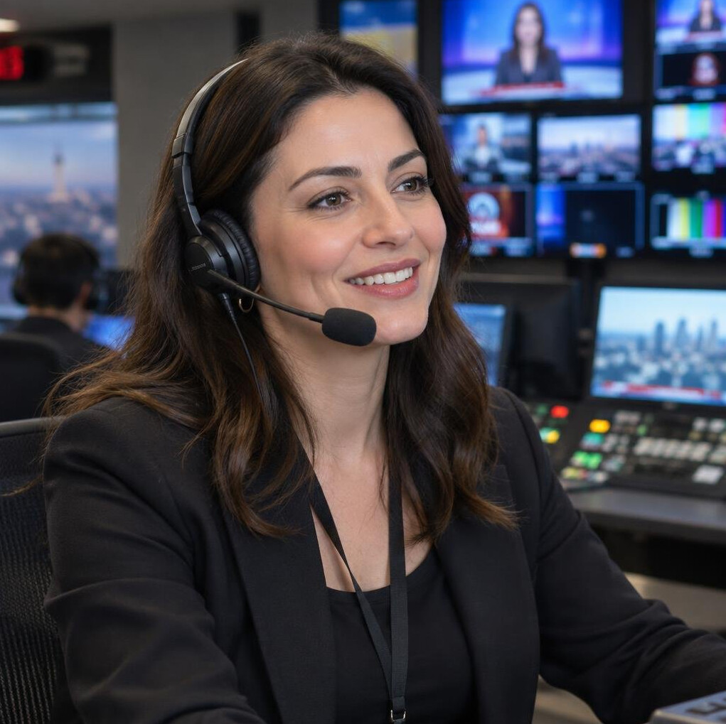 Woman wearing a headset in a broadcast control room