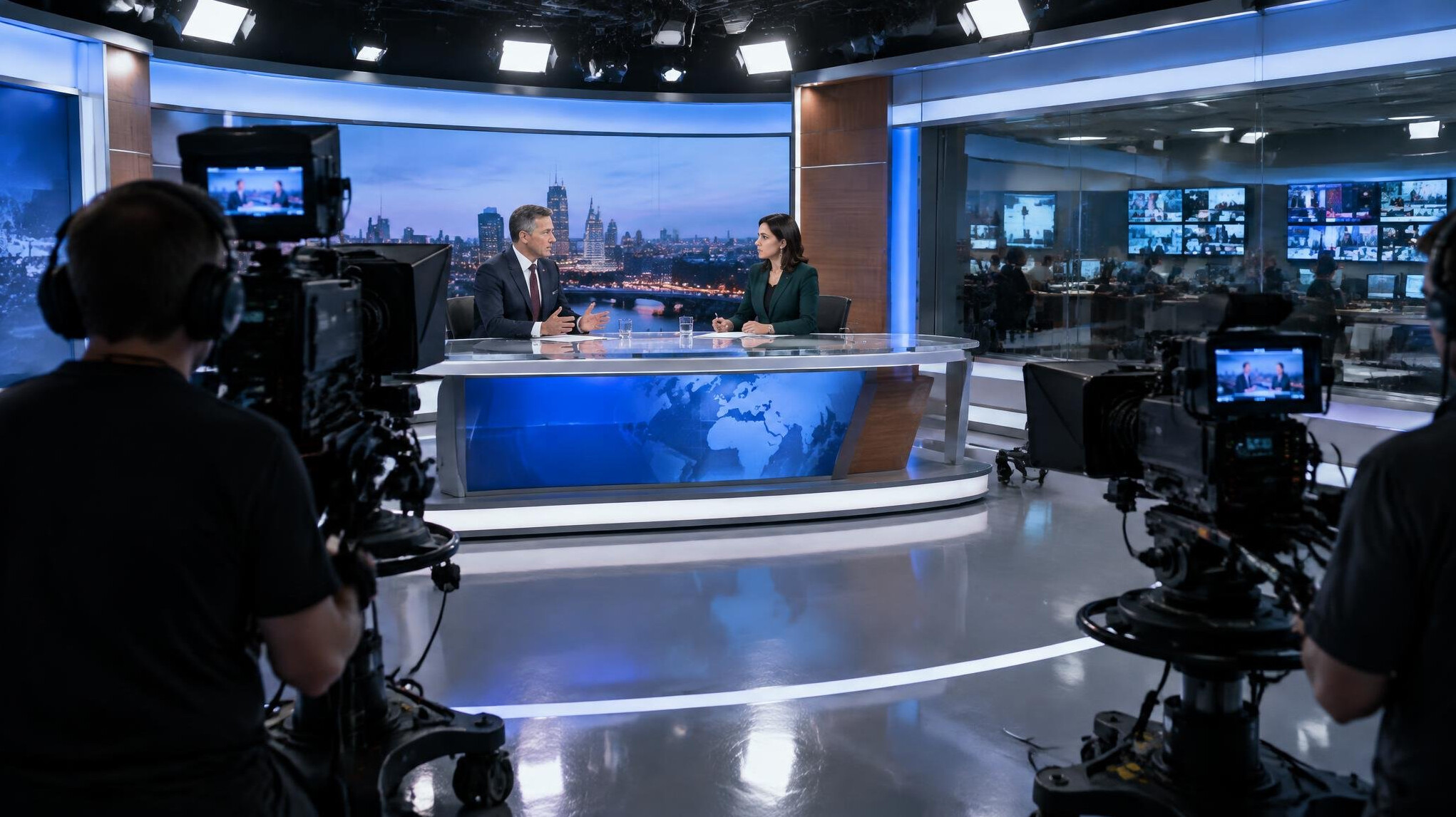 Live television broadcast studio with cameras and presenters