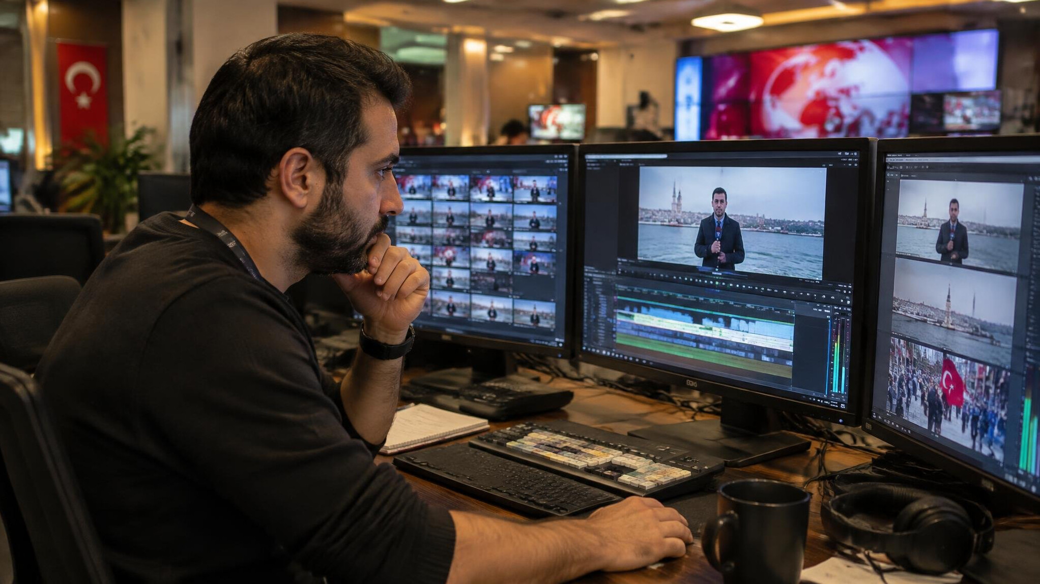 Journalist reviewing footage on editing monitors
