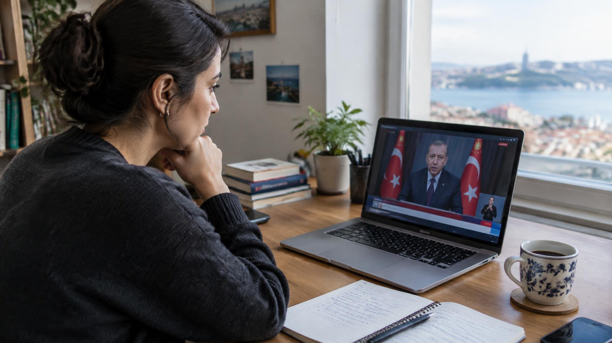 Person monitoring live broadcast feed on a laptop